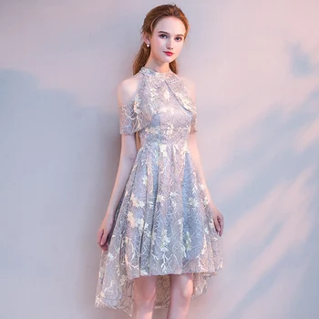 

Robe De Soiree 2020 New The Banquet High Neck Sleeveless Front Short Back Long Party Prom Lace Evening Dresses LF338