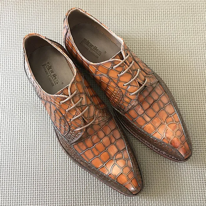 Роскошная обувь для мужчин sipriks брендовая мужская прошитая обувь с отворотом модельные туфли с острым носком на кожаной подошве модная обувь из крокодиловой кожи с принтом - Цвет: Коричневый