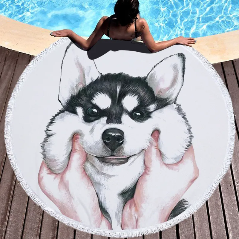 

460g Microfiber Towel Funny Dog Husky Beach Towel Cute 3d Printed Round Adult Bath Towel Picnic Blanket Mat Tapestry with Dog