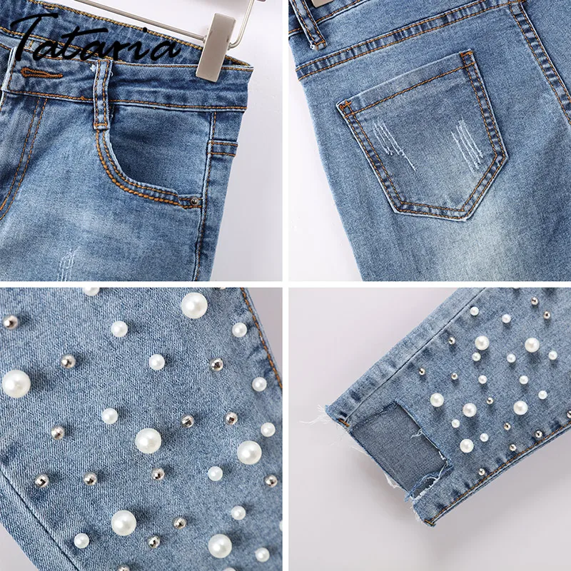 Tataria Skinny Ripped Jeans Woman Distressed Hole Beads Pearl Women Jeans With Pearls Denim Pencil Pants Woman Jean Femme 2018 Tataria Skinny Ripped Jeans Woman Distressed Hole Beads Pearl Women Jeans With Pearls Denim Pencil Pants Woman Jean Femme 2018