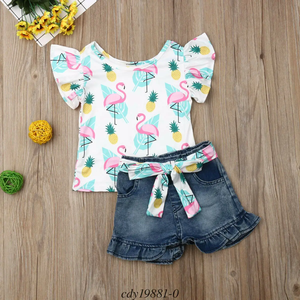 

Toddler Kids Baby Girls Sleeveless Cartoon Ruffles Tops T-shirt Denim Pants Shorts Outfits Set Clothes