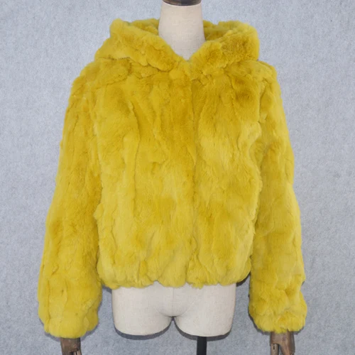 Зимнее повседневное женское пальто с капюшоном Настоящий мех кролика настоящая куртка с мехом кролика рекс настоящий Настоящий мех кролика рекс короткий капюшон пальто - Цвет: yellow