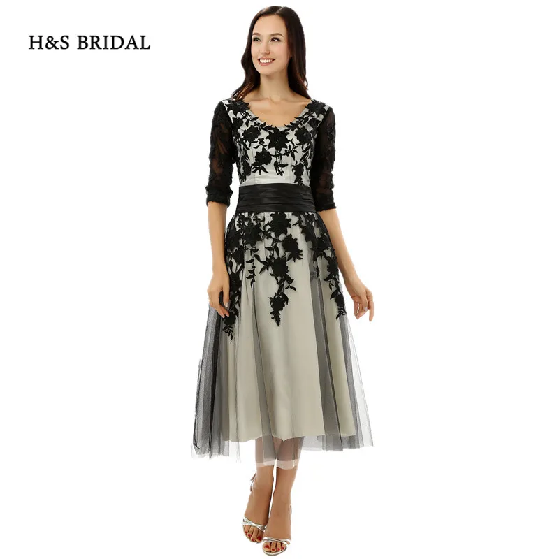 H& S Свадебные платья с v-образным вырезом и короткими рукавами с кружевной аппликацией и коротким рукавом для выпускного вечера женские вечерние платья до колена с рукавами