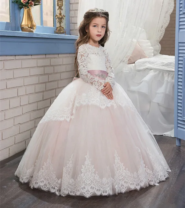 First Communion Dress Hollow Back Lace Up Appliques Long Sleeves Bow Ruffle Little Girl Christmas Tulle Ball Gown cutout back ruffle hem button up cami dress