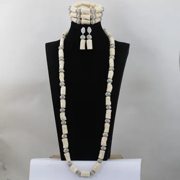 

Luxury White African Coral Wedding Bride Necklace Bracelet Earrings Set Long Coral Beads Women Jewelry Set Gift Free Ship QW261