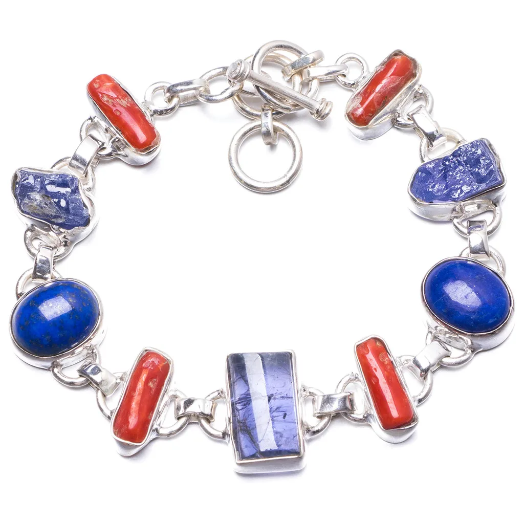 

Natural Iolite,Kyanite,Lapis Lazuli and Red Coral Unique 925 Sterling Silver Bracelet 6 1/2-7 1/4" Y2037