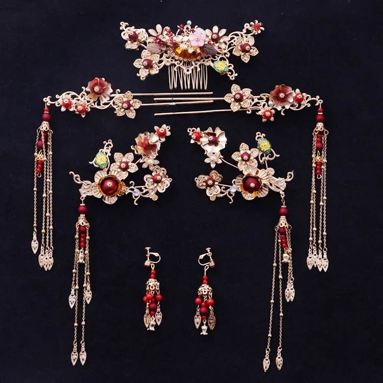 

2018 new fashion red Chinese style hair sticks comb bride hair jewelry