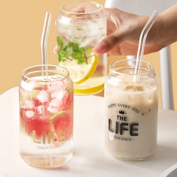 

MUZITY Glass Mug Decal Design Breakfast Milk Mug Juice Cup with Glass Transparent Straw 12OZ