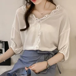 Women Lace Blouse Pearls Half Sleeve Off Shoulder Deep V Loose Shirt Plus Size 4XL Crochet Womens Tops And Blouses Women Lace Blouse Pearls Half Sleeve Off Shoulder Deep V Loose Shirt Plus Size 4XL Crochet Womens Tops And Blouses