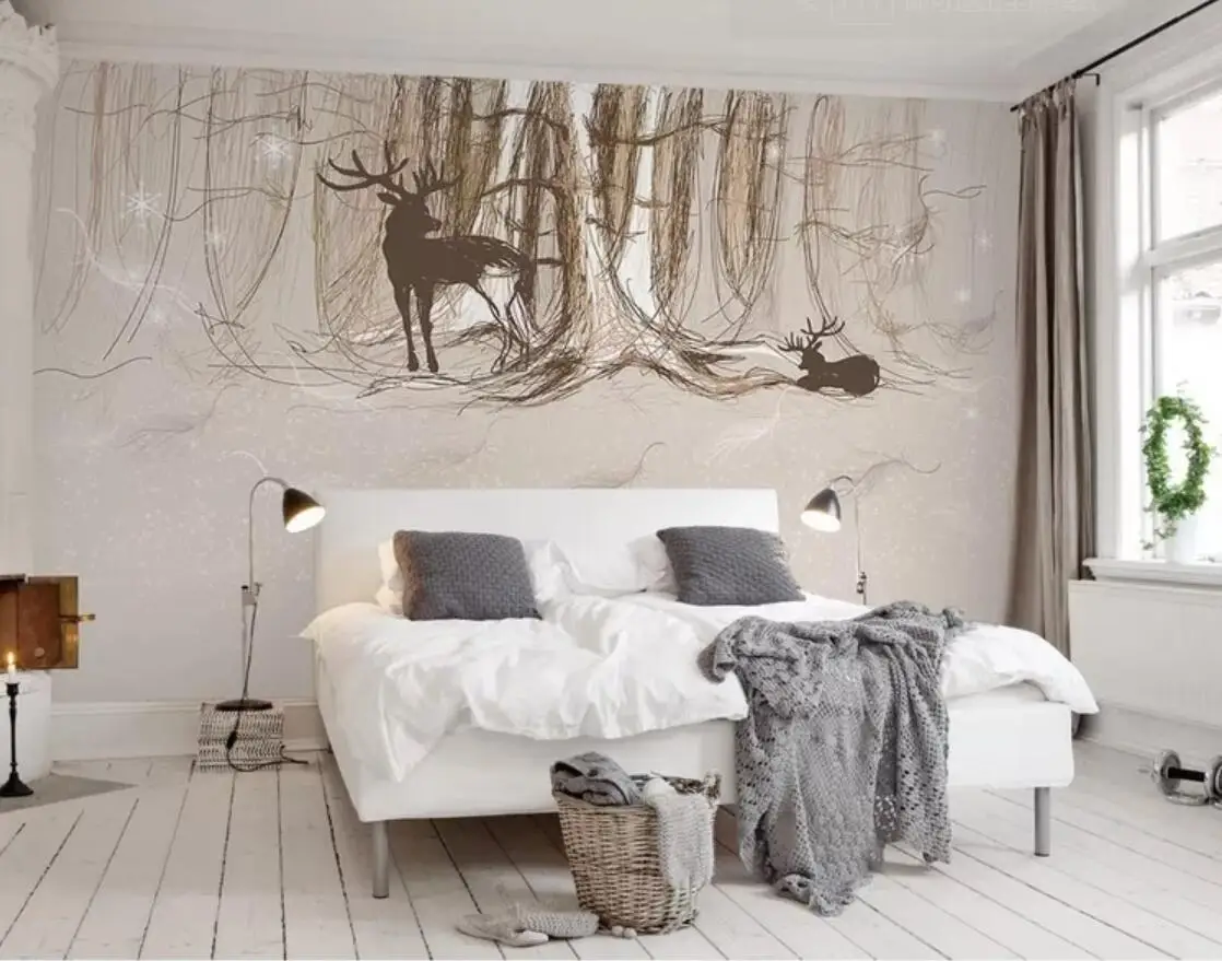 

European Style Stripe Line Forest Deer Feather Wall Mural Wallpaper Luxury Wall Decor Home Improvement Nature Contact Paper