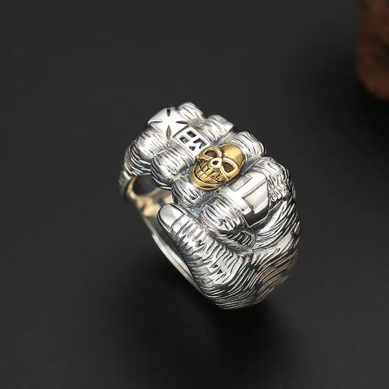 Г. панк кольцо Регулируемый Настоящее серебро 925 пробы Jewelry Для мужчин Творческий Череп сила, кулак состояние Для мужчин t черное кольцо R71