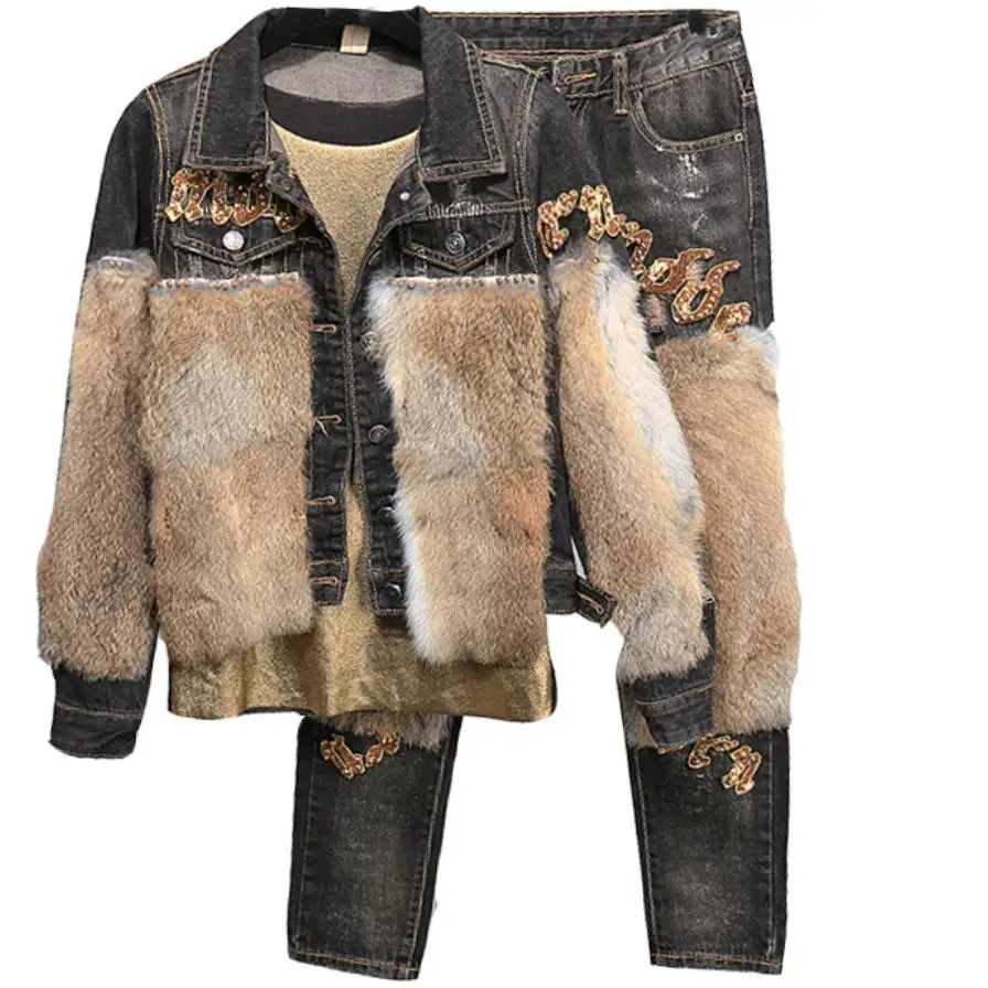 Women Vintage denim Jacket Pant Set Girls 2 Piece Suits women Fur