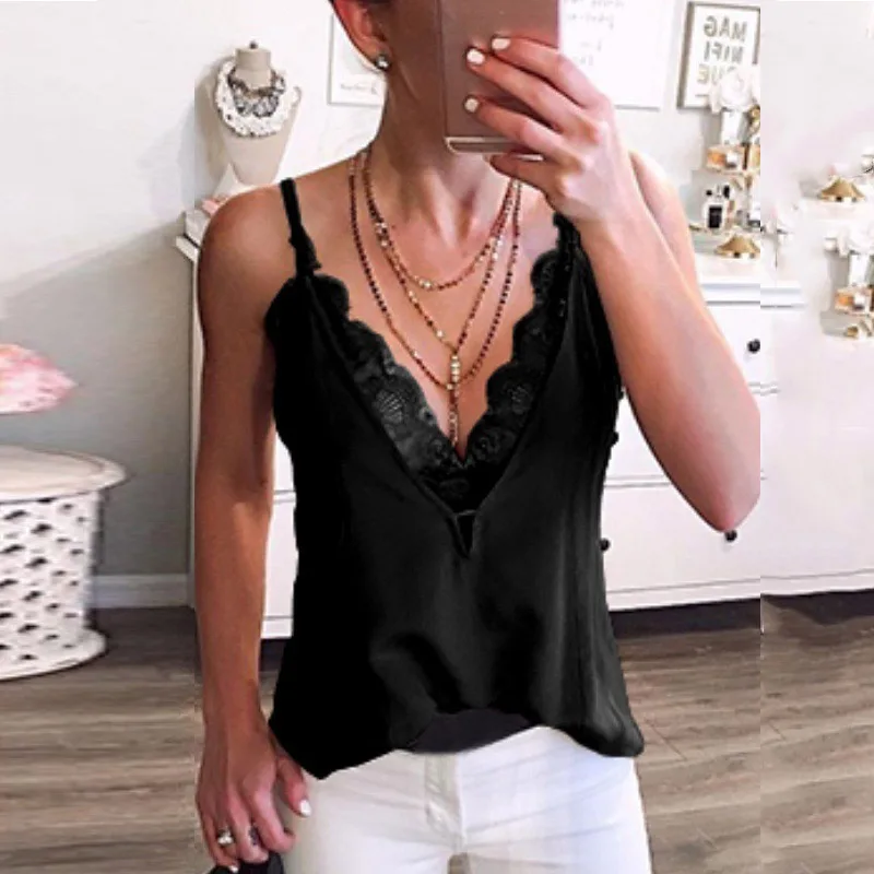 Женские сексуальные топы, модная кружевная майка, однотонные, повседневные, с v-образным вырезом, модные топы