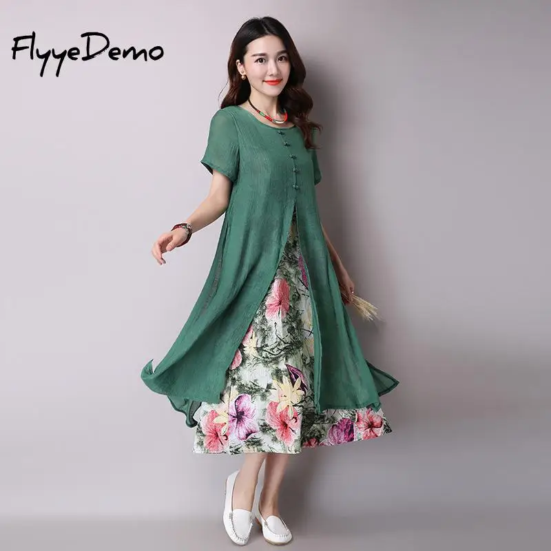 Платье женское хлопково льняное Плиссированное с коротким рукавом|linen dress|cotton linen