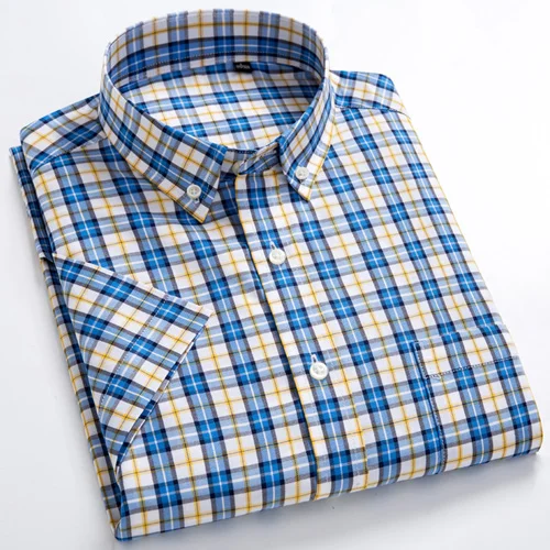 Мужская стандартная клетчатая рубашка с коротким рукавом и нагрудным карманом, тонкая мягкая полосатая рубашка с воротником на пуговицах из хлопка - Цвет: F978