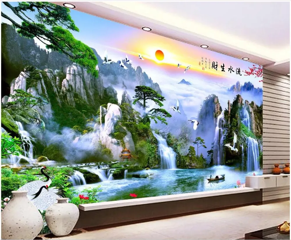 

Custom mural 3d photo wallpaper Chinese style mountain waterfall pine tree scenery living room Home decor wallpaper for wall 3 d