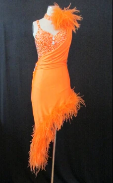 AWSOME зеленое латинское танцевальное платье, балламплатье танцевальная одежда DMC Стразы Латинская Сальса Танго для спортивных танцев платье Настоящее перо B-0076 - Цвет: Оранжевый