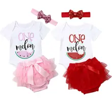 Одежда для маленьких девочек на осень, Одежда для новорожденных девочек Комбинезон с узором "Арбуз" короткий рукав боди+ кружевную пачку шорты+ повязка на голову