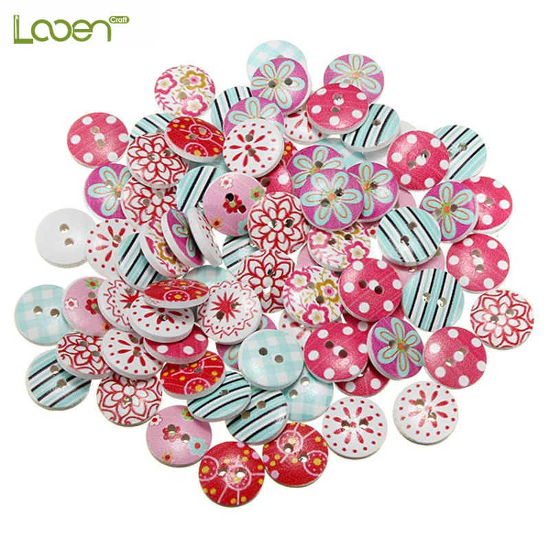 

100 Pcs/Set 2 Holes Buttons Mixed Printing Round Pattern Wood Buttons Scrapbooking 15mm DIY Sewing Buttons Home Decor Tools