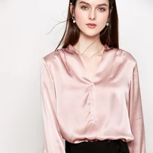 Женский топ из натурального шелка с длинными рукавами, шелк тутового шелкопряда, атласная Офисная Женская однотонная свободная Базовая футболка с v-образным вырезом, Размеры M, L, XL