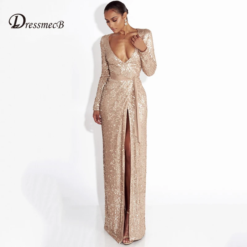 Dressmecb Женщина Sexy Макси платья с длинным рукавом Bodycon V Средства ухода за кожей Шеи
