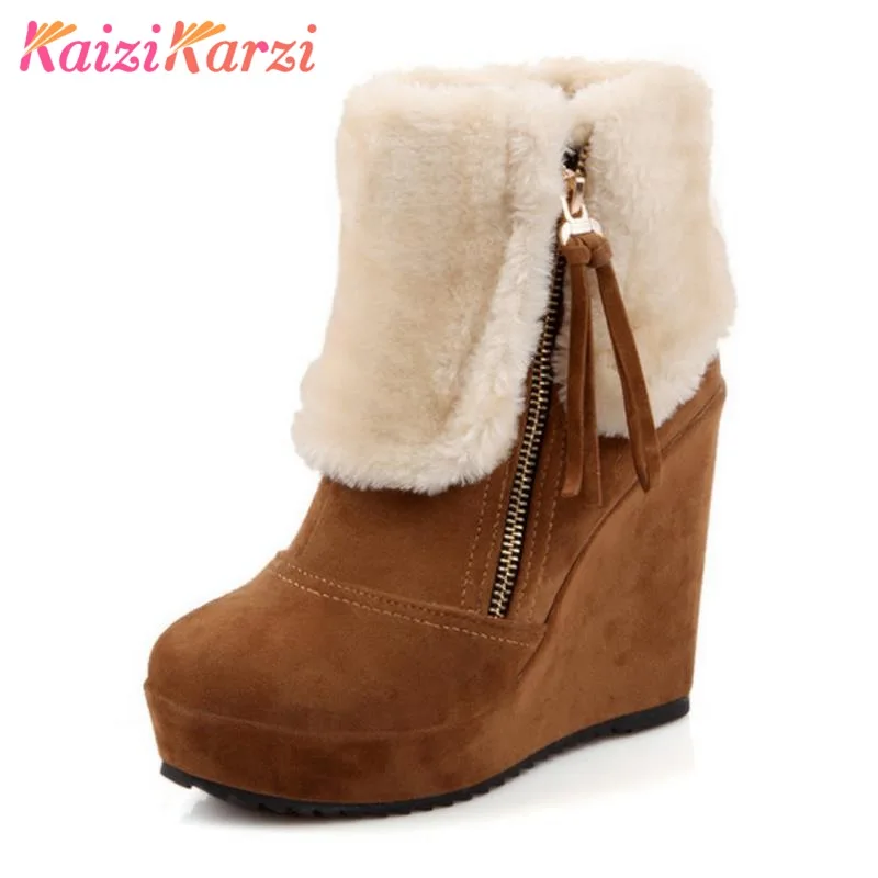 

KaiziKarzi Women High Wedges Boots Zipper Half Short Boots Platform Warm Fur Shoes Winter Snow Boots Women Footwears Size 33-40
