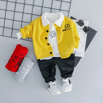 

WENWENDEXINGFU 2019 Baby Boys Girls Clothing Sets Infant Clothes Suits Smiley Face Lapel T Shirt Coats Pants Kids Child Costume