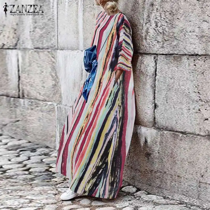ZANZEA الصيف فستان الشمس 2019 المرأة مخطط ماكسي فستان طويل رداء عارضة فام خمر جاكيت البوهيمي حزب Vestido قفطان