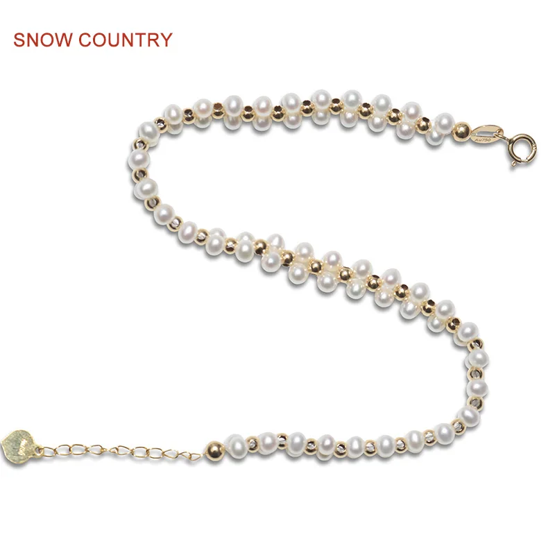 

SNOW COUNTRY 3-3.5 mm Genuine Small White Natural Freshwater Pearl Handmade Bracelet 18K Solid Gold For girl Gift Free Shipping