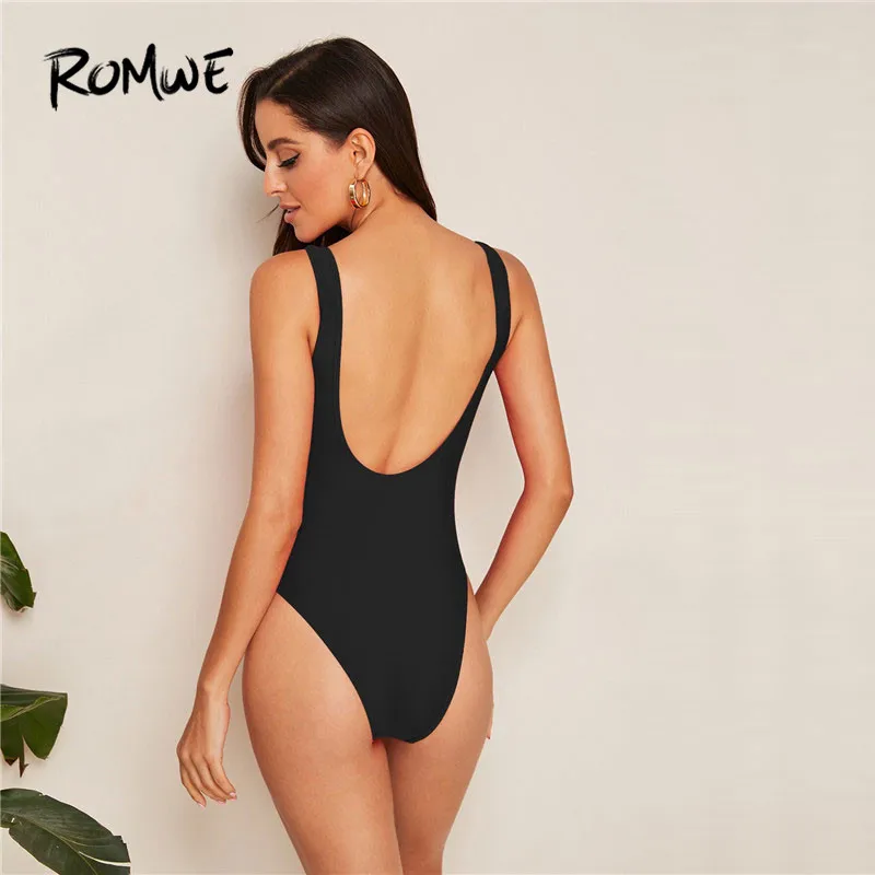Romwe спортивный Цельный купальник с низкой спинкой, женские летние сексуальные купальники, эластичный черный неоновый зеленый белый купальник, монокини
