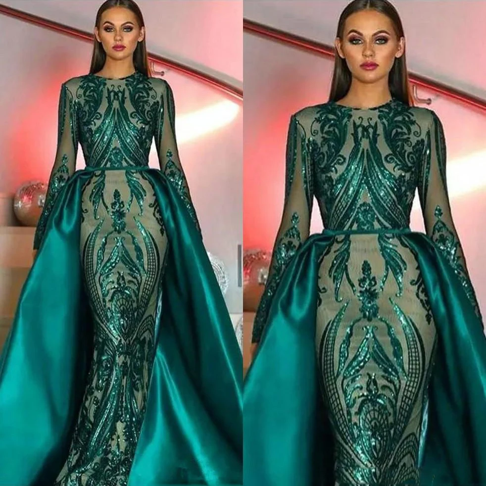 

Luxury Muslim Dark Green Prom Gowns Long Sleeves Sequins Lace Mermaid Evening Party Dress with Detachable Train robe de soiree