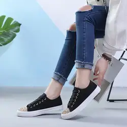 Женская парусиновая обувь, Новое поступление 2019, винтажная повседневная женская обувь на шнуровке, однотонная Студенческая женская обувь