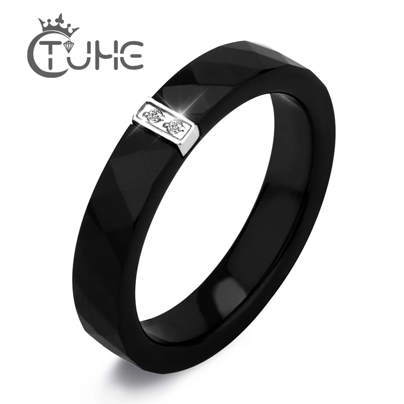 New Design 4mm Width Black White Ceramic Rings For Women Stainless Steel Section Cubic Zircon Ceramic Wedding Jewelry