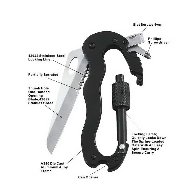 5 в 1 открытый многофункциональный карабин выживания складной нож быстроотстегивающаяся отвертка карабин для Паракорда нож-брелок D крюк