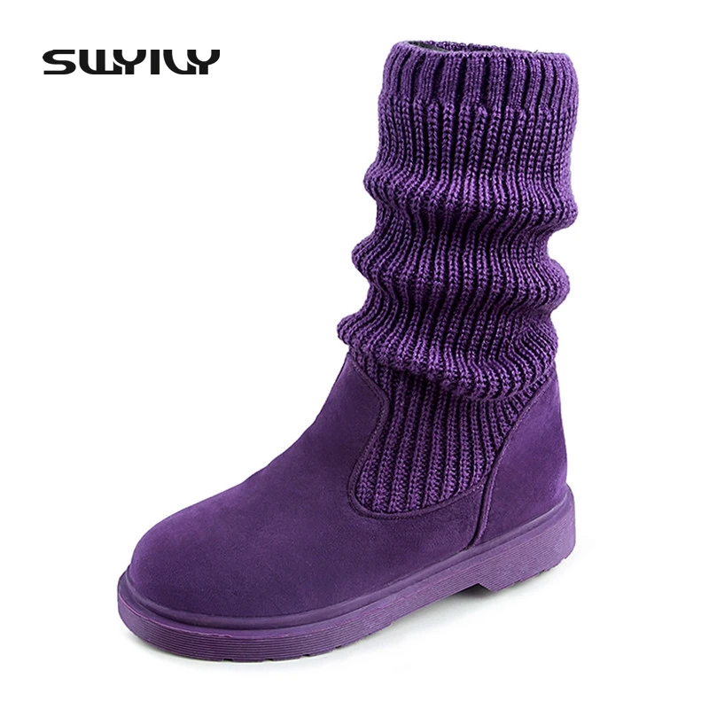 SWYIVY Women Fashion Purple Winter Warm Long Boots Women Autumn Warm
