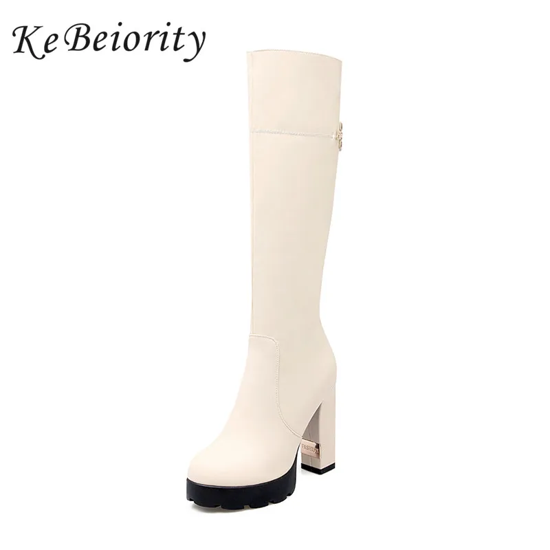 

KEBEIORITY New Women Boots 2018 High Heels Platform Tall Boots Sexy Autumn and Winter Black White Knee High Boots Shoes Woman