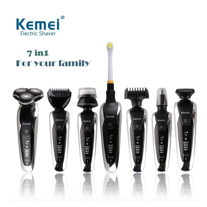 ФОТО Rechargeable 7 in 1 electric shaver washable hair trimmer face beard kemei electric razor men shaving machine grooming kit