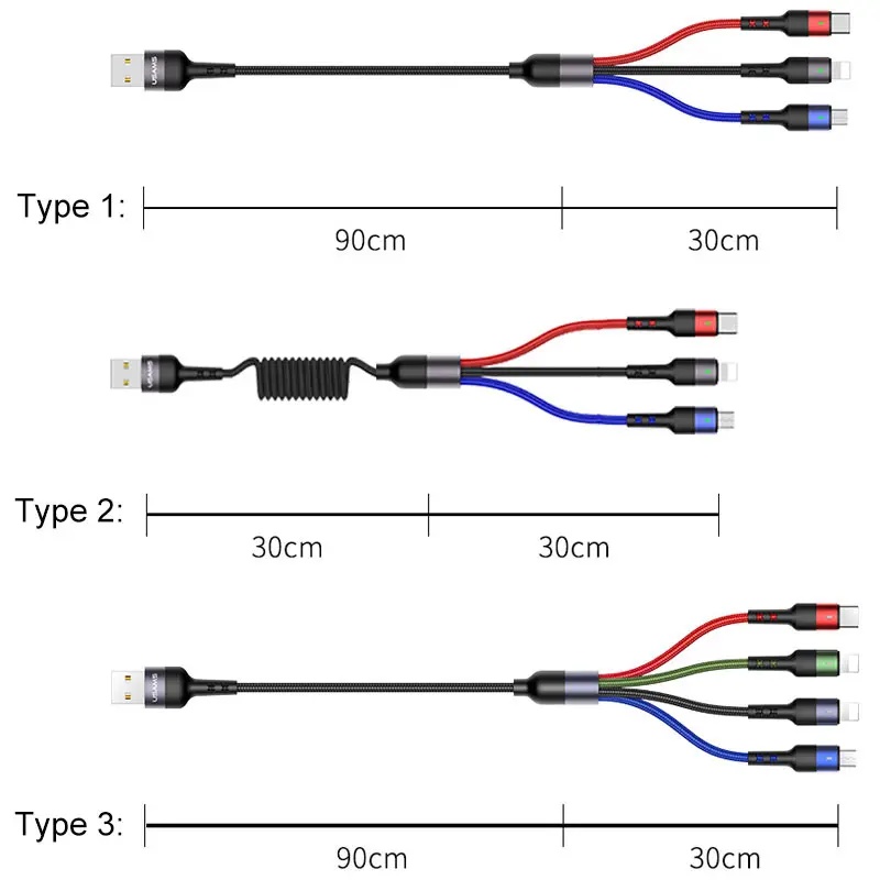 USAMS 4 в 1 Micro USB кабель 3A type C кабель для iPhone USB C кабель для зарядки 3 в 1 Пружинные шнуры для iPhone x xs samsung