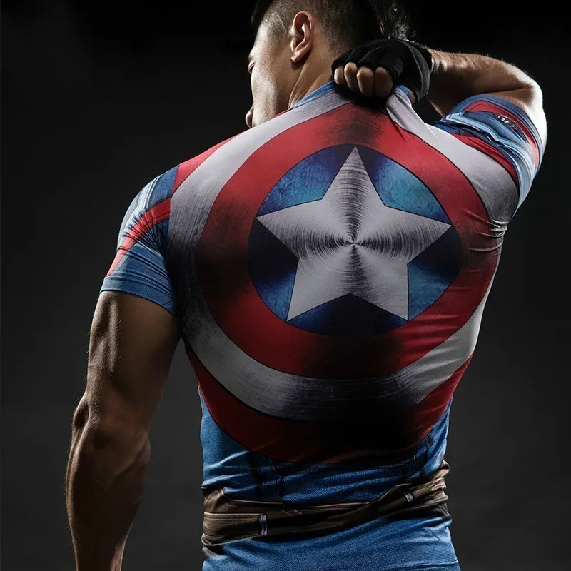 Яньцинь Для мужчин Капитан Америка супер герой лайкра компрессионные колготки футболка Для мужчин Фитнес 3D принт Костюмы Рубашка с