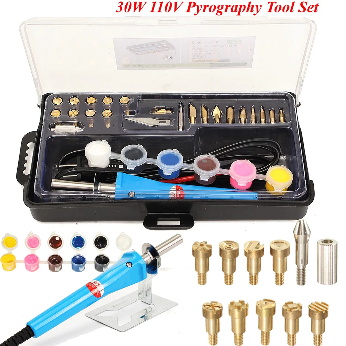 

30W 110V Hand Tool Set Welding Soldering Iron Pen Wood Pyrography Burning Tool Set With 20 Pigments And Painting Brush BOX