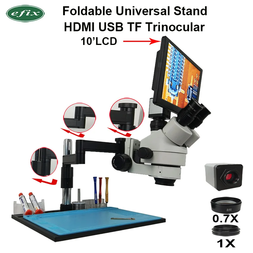 

efix 16MP Foldable Universal Stand Trinocular Microscope HDMI USB Camera Soldering Stereo Zoom 10" LCD Workbench Phone Repair