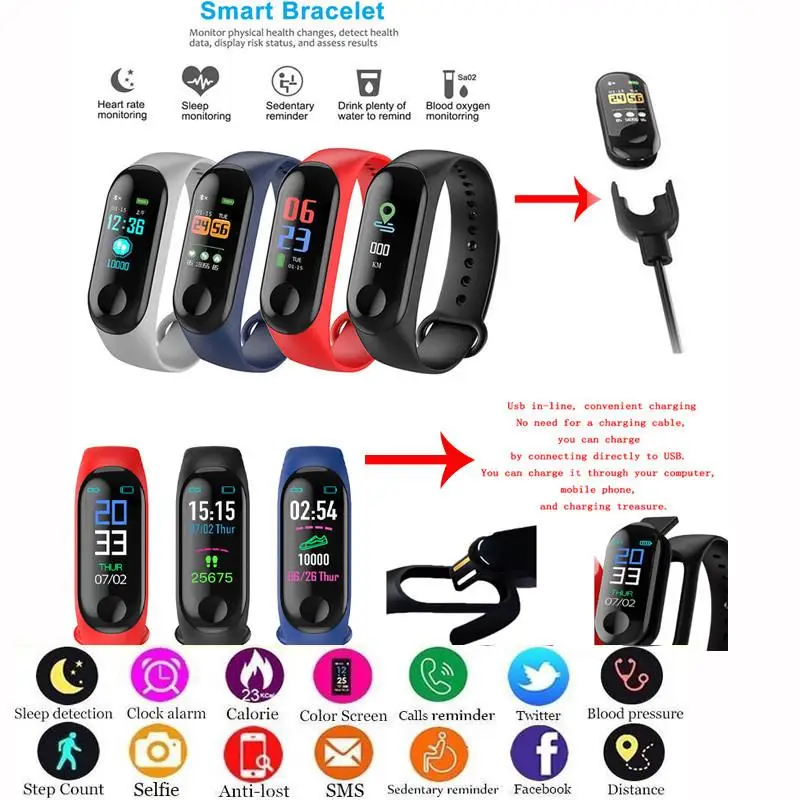 Умный цветной браслет M3 с цветным экраном спортивный шагомер водонепроницаемый