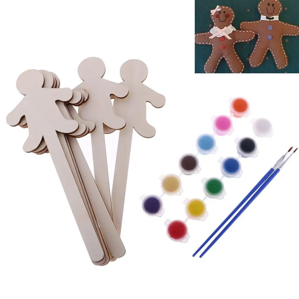DIY Toy 6Pcs Gingerbread Man Cookie Style Wooden Sticks + 12 Paints + 2 Brushes DIY Toy 6Pcs Gingerbread Man Cookie Style Wooden Sticks + 12 Paints + 2 Brushes