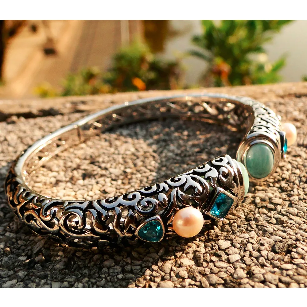 DJ CH изысканные женские ювелирные изделия этнические богемные браслет натуральный Ларимар синий драгоценный камень браслет в 925 пробы серебро для женщин