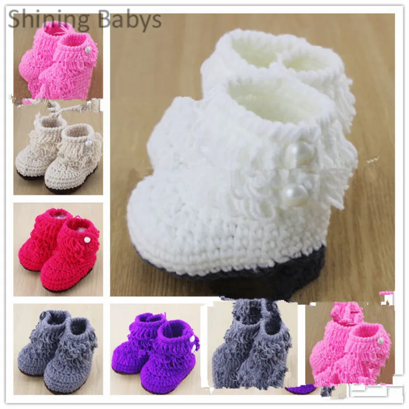 Baby Girls Crochet Hand Made Wool Shoes Toddler Solid Color Sweater Knit Pearl Design Princess Boots