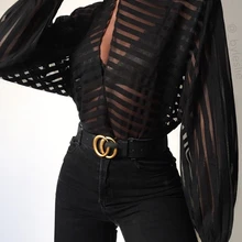 Для женщин элегантный основной черный Повседневная рубашка Женский Стильный офисные топ в полоску спереди вырез-капля сетки блузка