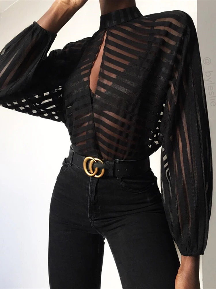 Kaufen 2019 frauen Elegante Grund Schwarz Casual Shirt Weibliche Stilvolle OL Arbeit Top Streifen Keyhole Vorder Mesh Bluse