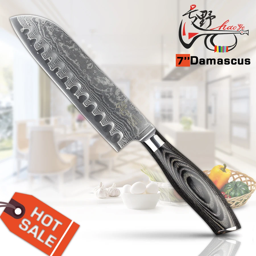 Haoye 7 &quotДамаск нож santoku японский полый край кухонные ножи рыба сашими
