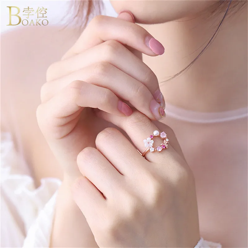 

BOAKO Fashion Butterfly Flower Ring for Women Adjustable Wedding Ring Jewelry Open Design Zircon Pearl Finger Ring Anillos Mujer