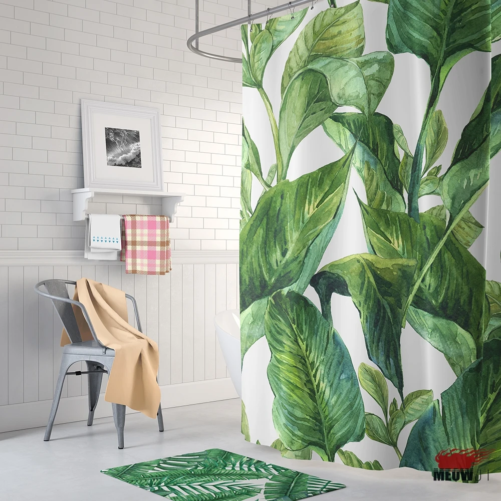 

Fresh Green Leaves Shower Curtain Printed Polyester Fabric Bathroom Decor Curtain with Hooks Free Shipping